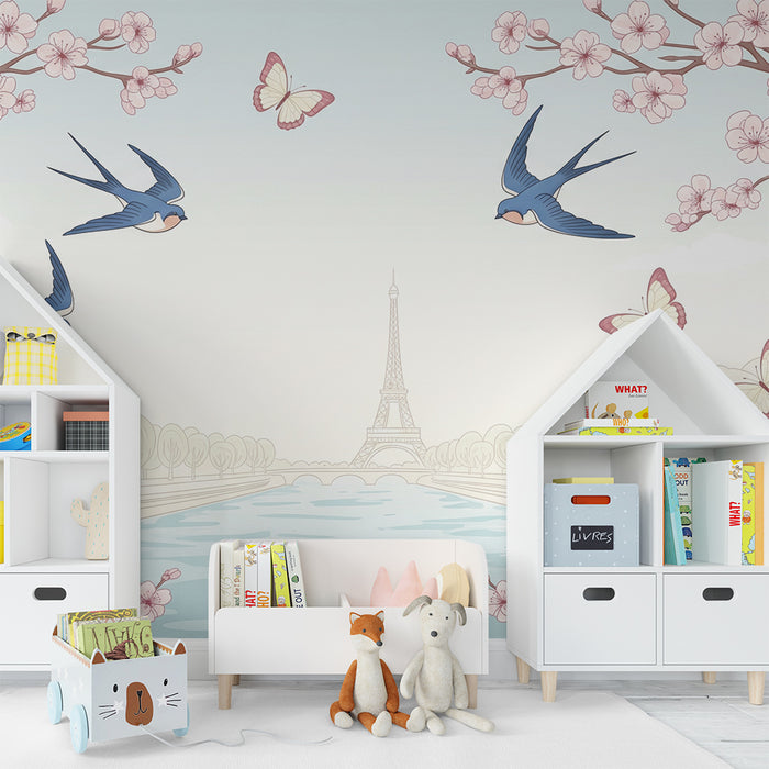 Papier peint chambre enfant | Douceur printanière avec oiseaux et cerisiers en fleurs