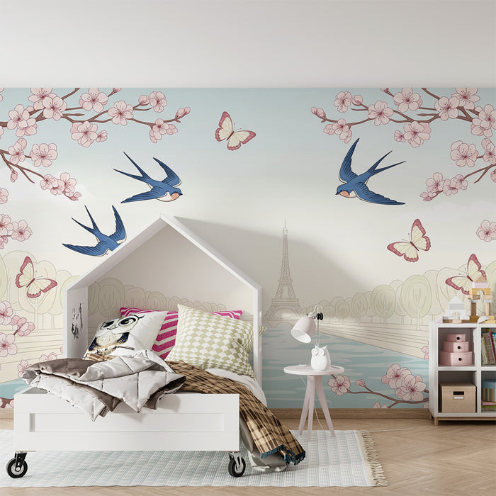 Papier peint chambre enfant | Douceur printanière avec oiseaux et cerisiers en fleurs