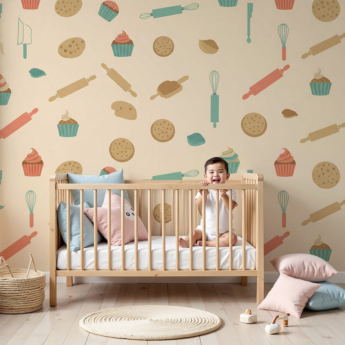 Kids' Room Wallpaper | Sweet Treats with Cupcakes and Baking Tools