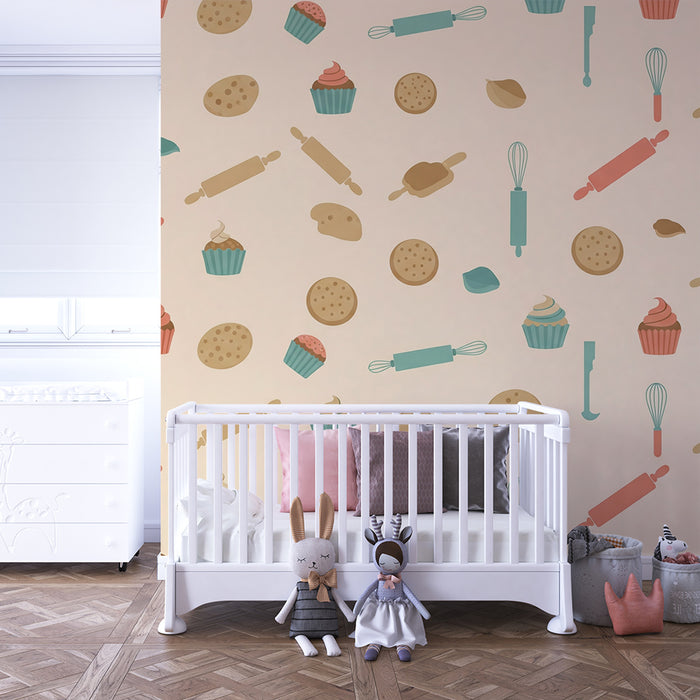 Kids' Room Wallpaper | Sweet Treats with Cupcakes and Baking Tools