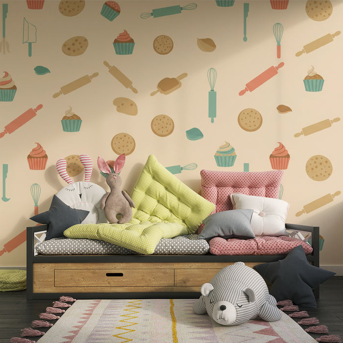 Kids' Room Wallpaper | Sweet Treats with Cupcakes and Baking Tools