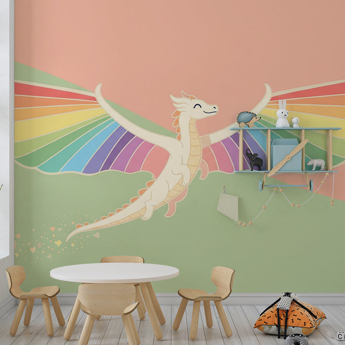 Barntapet | Färgglad drake med regnbågsfärgade vingar mot en mjuk himmel