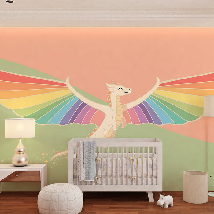 Barntapet | Färgglad drake med regnbågsfärgade vingar mot en mjuk himmel