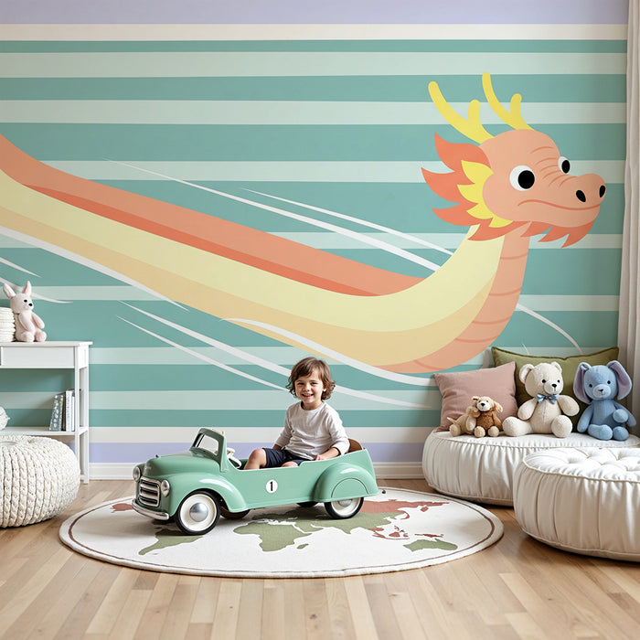 Kids room wallpaper | Colorful dragon swimming on a striped background