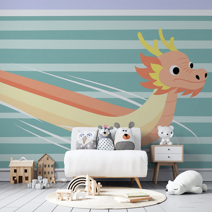 Kids room wallpaper | Colorful dragon swimming on a striped background