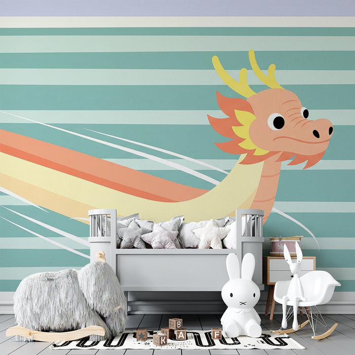Kids room wallpaper | Colorful dragon swimming on a striped background