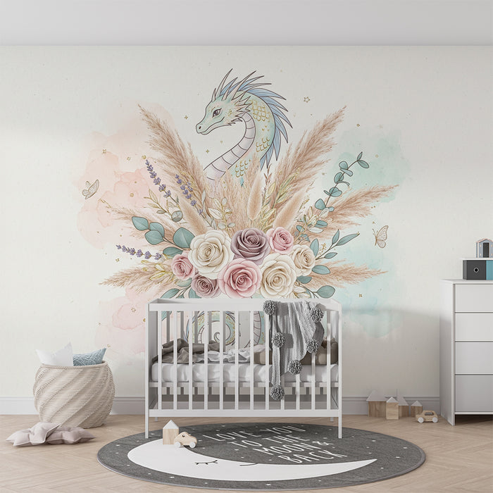 Barntapet | Delikat drake omgiven av blommor och löv