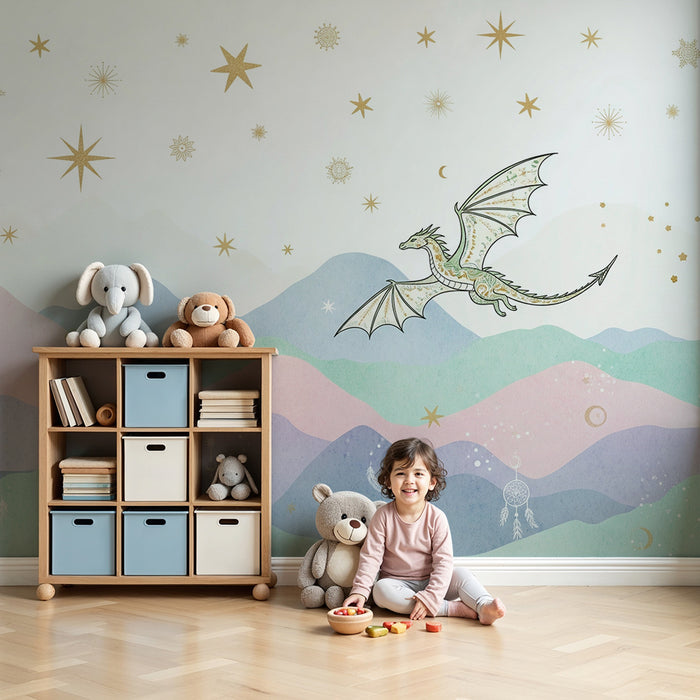 Dječja soba tapeta | Fantastični zmaj na zvjezdanim pastelnim planinama
