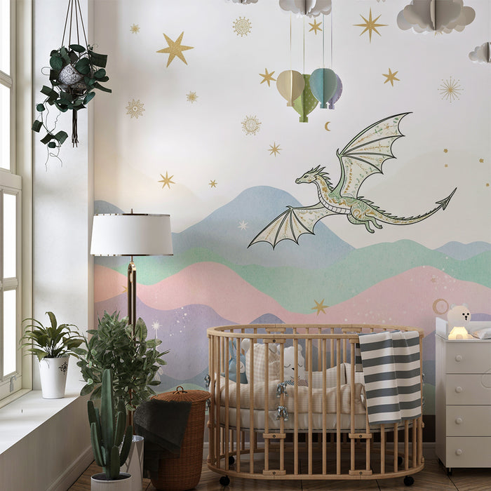Dječja soba tapeta | Fantastični zmaj na zvjezdanim pastelnim planinama