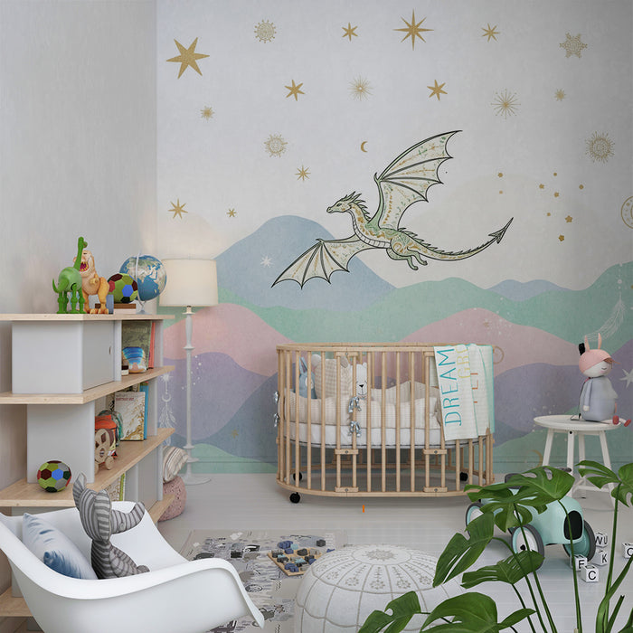Dječja soba tapeta | Fantastični zmaj na zvjezdanim pastelnim planinama
