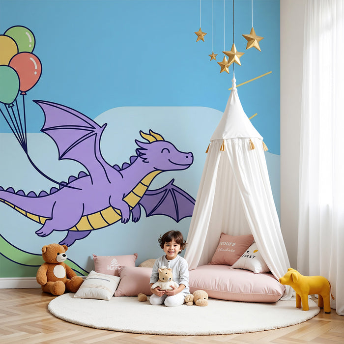 Kinderzimmer Tapete | Fröhlicher Drache fliegt mit bunten Luftballons