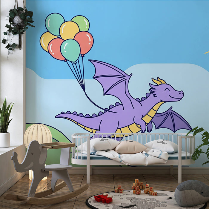 Kinderzimmer Tapete | Fröhlicher Drache fliegt mit bunten Luftballons