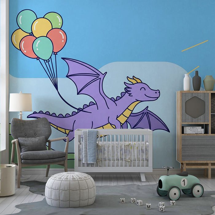 Kinderzimmer Tapete | Fröhlicher Drache fliegt mit bunten Luftballons
