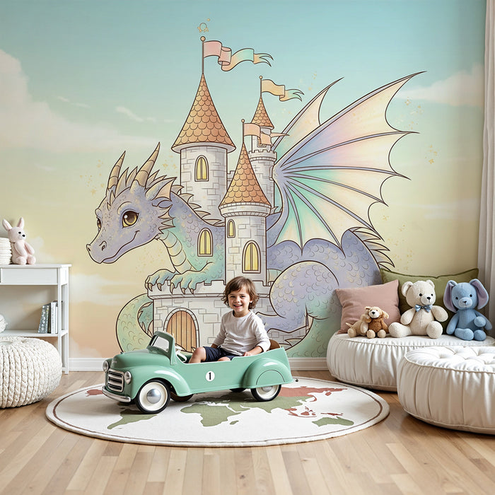 Tapet camera copil | Dragon magic și castel feeric într-un cer pastel