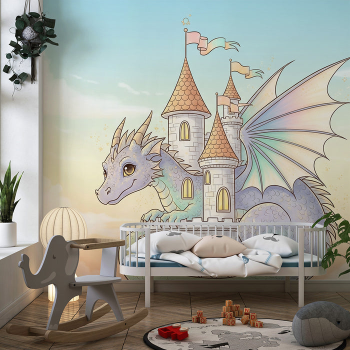 Tapet camera copil | Dragon magic și castel feeric într-un cer pastel