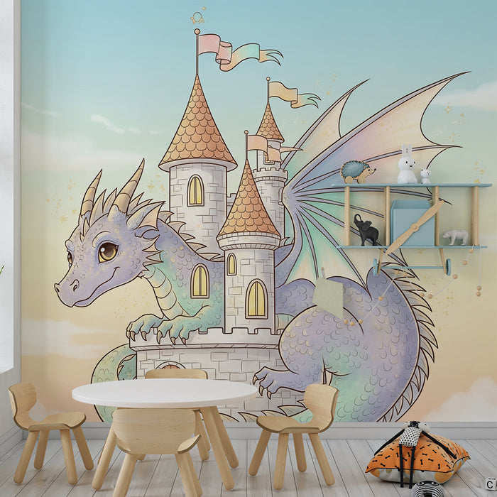 Tapet camera copil | Dragon magic și castel feeric într-un cer pastel