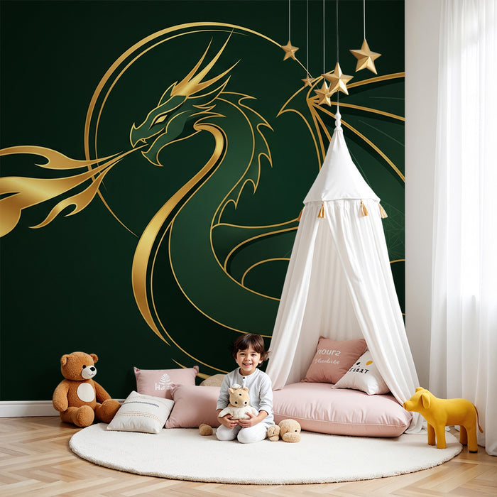 Papel de parede criança | Dragonul măreț cu accente aurii pe fundal verde