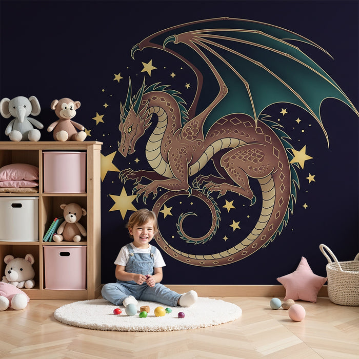 Papier peint chambre enfant | Dragon majestueux entouré d'étoiles dorées