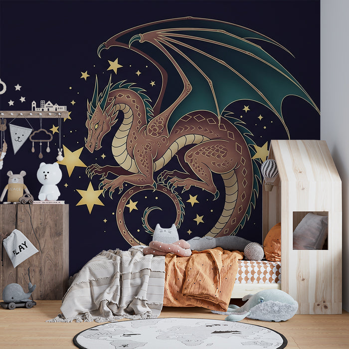 Papier peint chambre enfant | Dragon majestueux entouré d'étoiles dorées