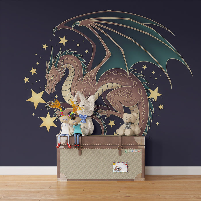 Papier peint chambre enfant | Dragon majestueux entouré d'étoiles dorées