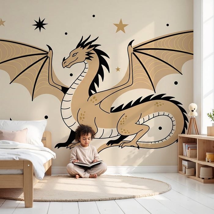 Papel de parede para quarto de criança | Dragão majestuoso e estrelas douradas sobre fundo suave