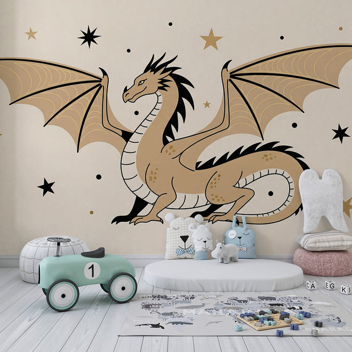 Papel de parede para quarto de criança | Dragão majestuoso e estrelas douradas sobre fundo suave
