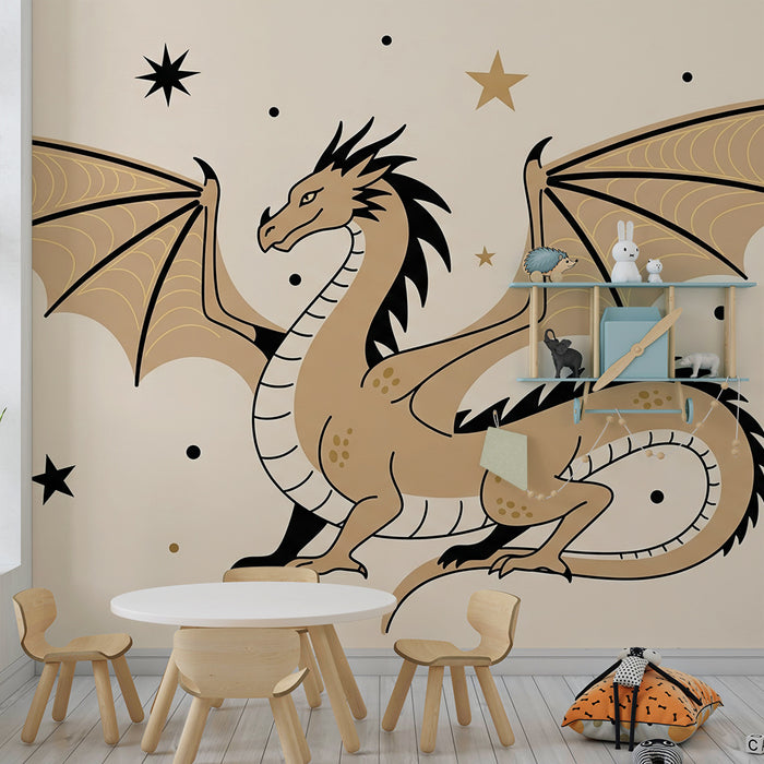 Papel de parede para quarto de criança | Dragão majestuoso e estrelas douradas sobre fundo suave