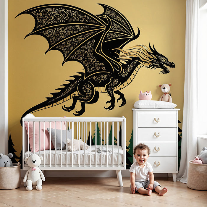 Kids room wallpaper | Majestic dragon on a golden background with stylized forest