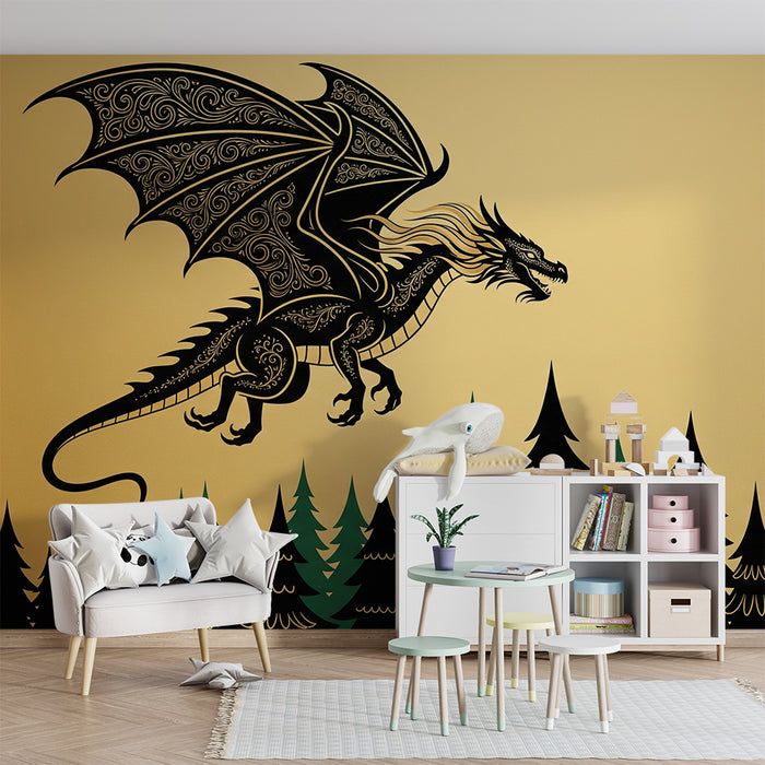 Kids room wallpaper | Majestic dragon on a golden background with stylized forest