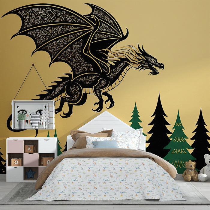 Kids room wallpaper | Majestic dragon on a golden background with stylized forest