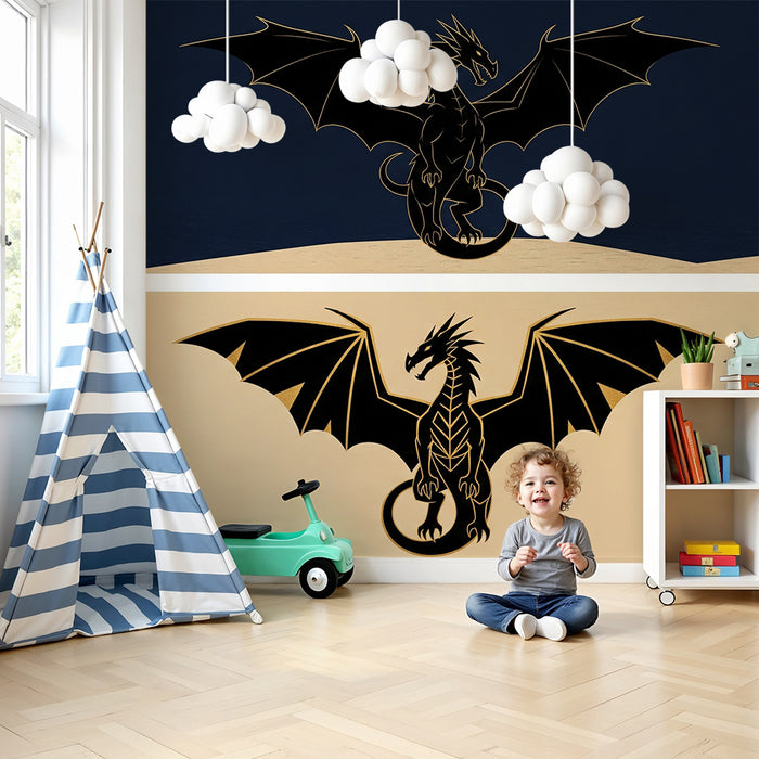 Kinderzimmer Tapete | Majestätischer Drache auf dunklem und hellem Hintergrund