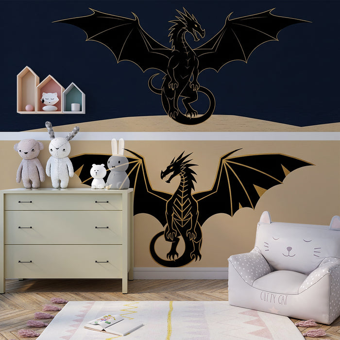Kinderzimmer Tapete | Majestätischer Drache auf dunklem und hellem Hintergrund