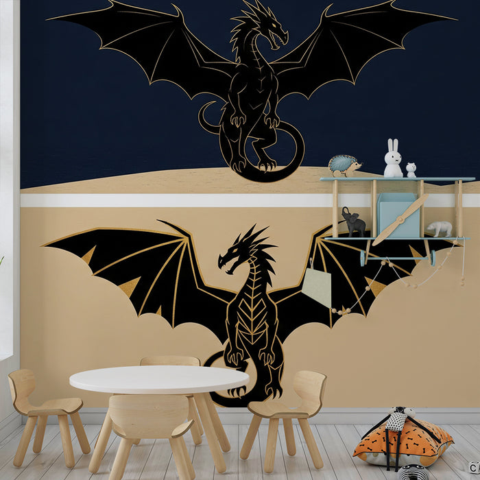 Kinderzimmer Tapete | Majestätischer Drache auf dunklem und hellem Hintergrund