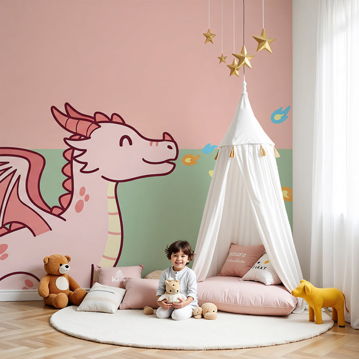 Kinderzimmer Tapete | Niedlicher Drache spuckt bunte Flammen aus