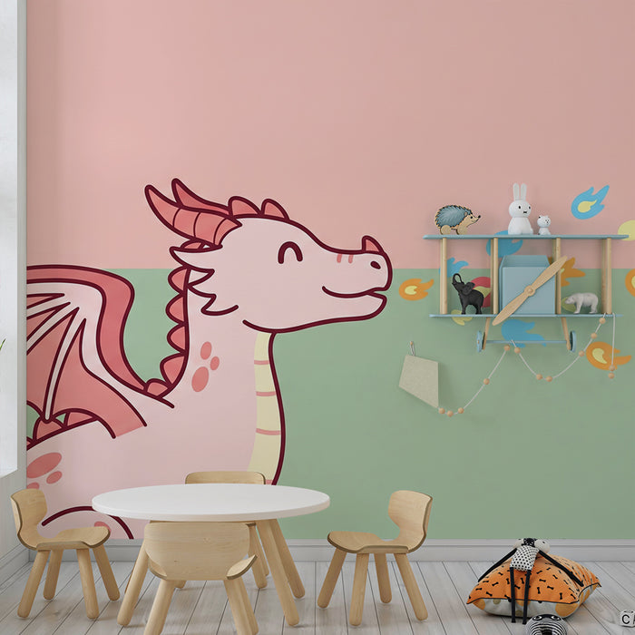 Kinderzimmer Tapete | Niedlicher Drache spuckt bunte Flammen aus