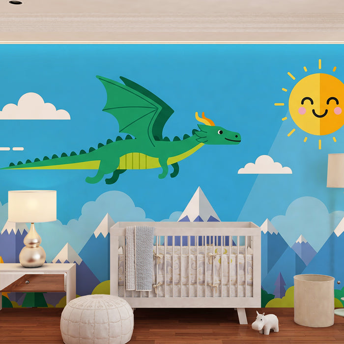 Papel de parede criança | Dragão voando sobre as montanhas e o sol sorridente