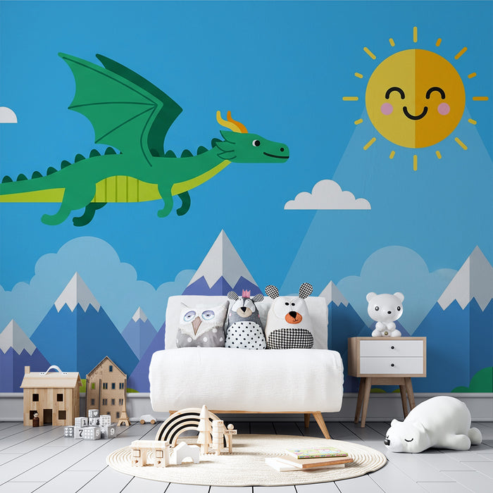 Papel de parede criança | Dragão voando sobre as montanhas e o sol sorridente