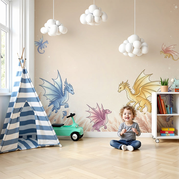 Gyermekszoba tapéta | Színes sárkányok egy virágmezőben