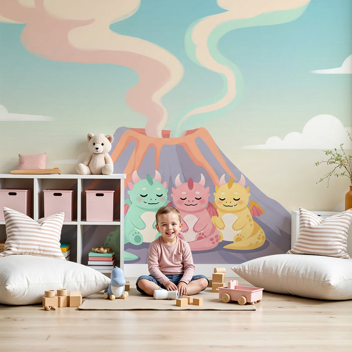 Barntapet | Färgglada drakar och vulkaner under en pastellfärgad himmel