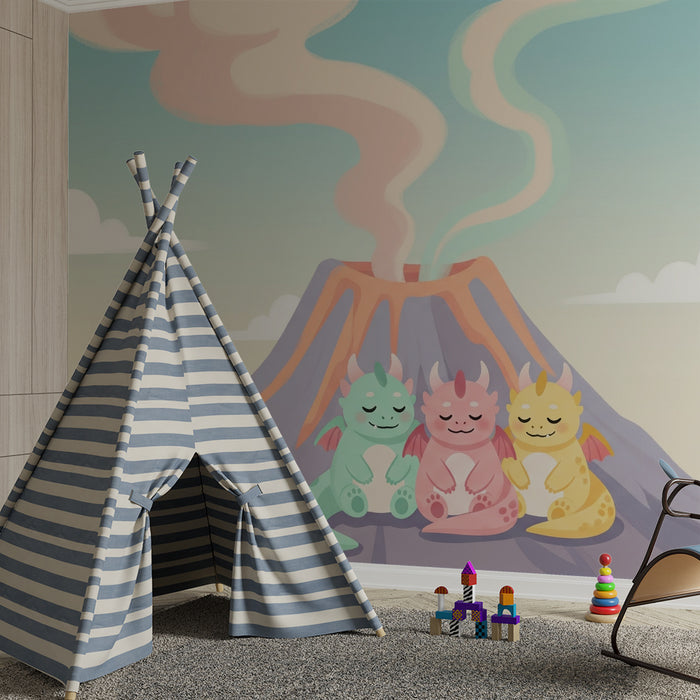 Barntapet | Färgglada drakar och vulkaner under en pastellfärgad himmel