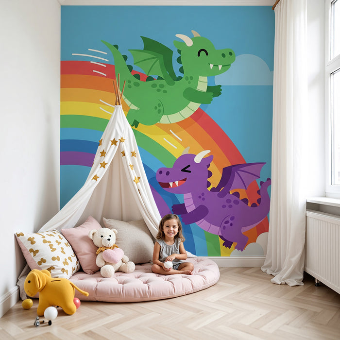 Kinderzimmer Tapete | Bunte Drachen, die auf einem Regenbogen spielen