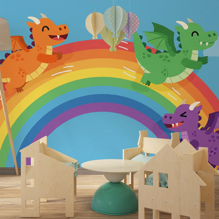 Kinderzimmer Tapete | Bunte Drachen, die auf einem Regenbogen spielen