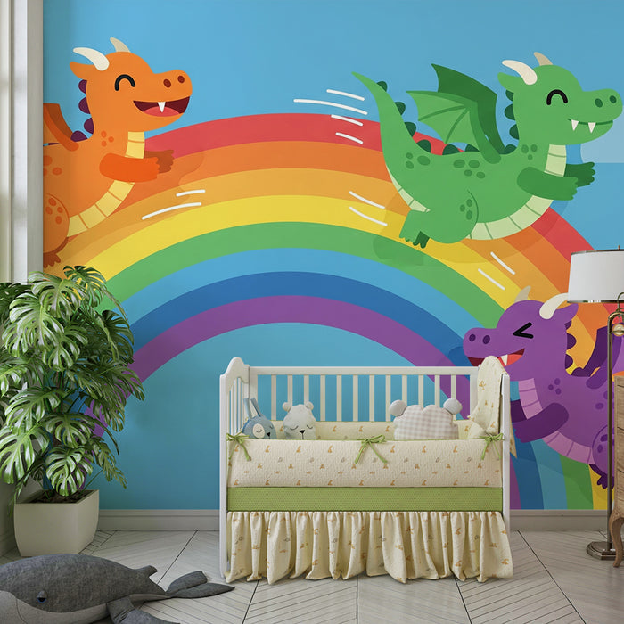 Kinderzimmer Tapete | Bunte Drachen, die auf einem Regenbogen spielen