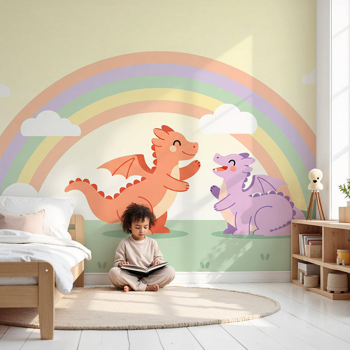 Papier peint chambre enfant | Dragons joyeux sous un arc-en-ciel pastel