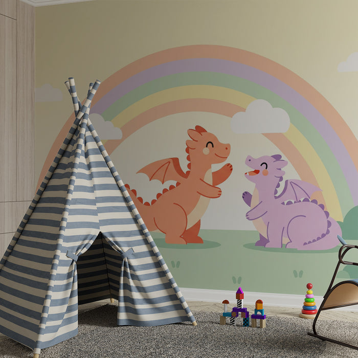 Papier peint chambre enfant | Dragons joyeux sous un arc-en-ciel pastel