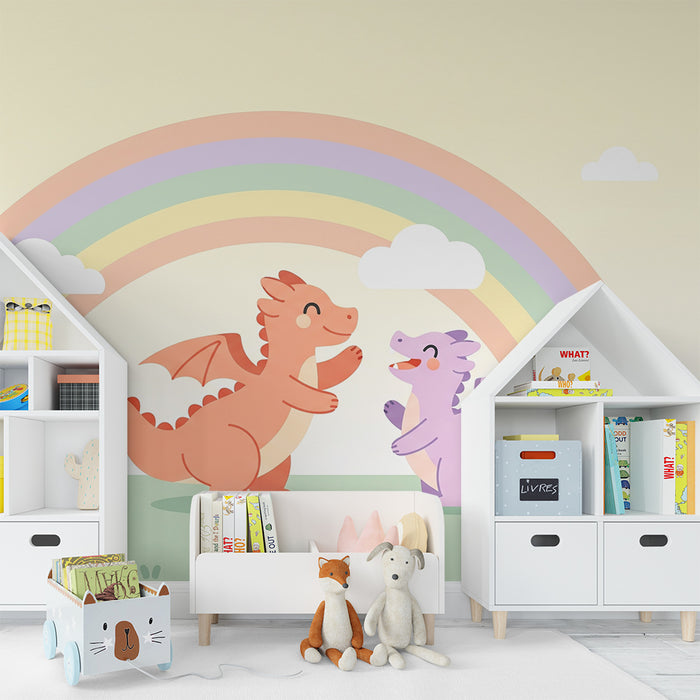 Papier peint chambre enfant | Dragons joyeux sous un arc-en-ciel pastel