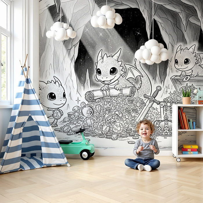 Papier peint chambre enfant | Dragons mignons découvrant un trésor dans une grotte magique