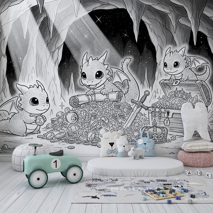 Papier peint chambre enfant | Dragons mignons découvrant un trésor dans une grotte magique