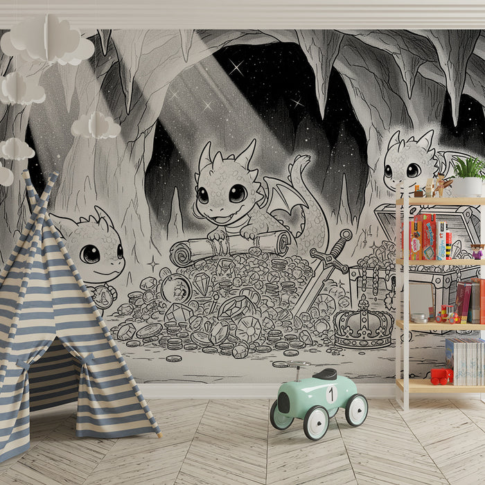 Papier peint chambre enfant | Dragons mignons découvrant un trésor dans une grotte magique