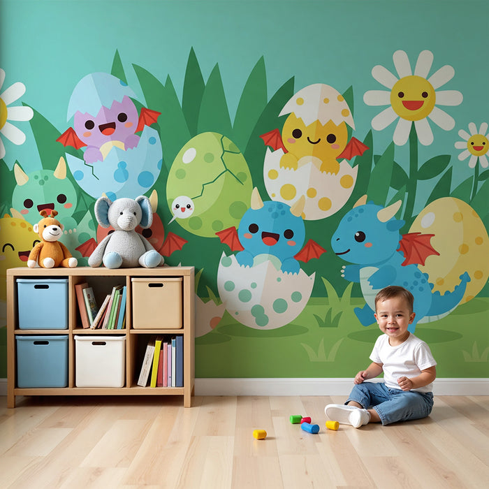 Papier peint chambre enfant | Drôles de dragons sortant de leurs œufs dans un jardin en fleurs
